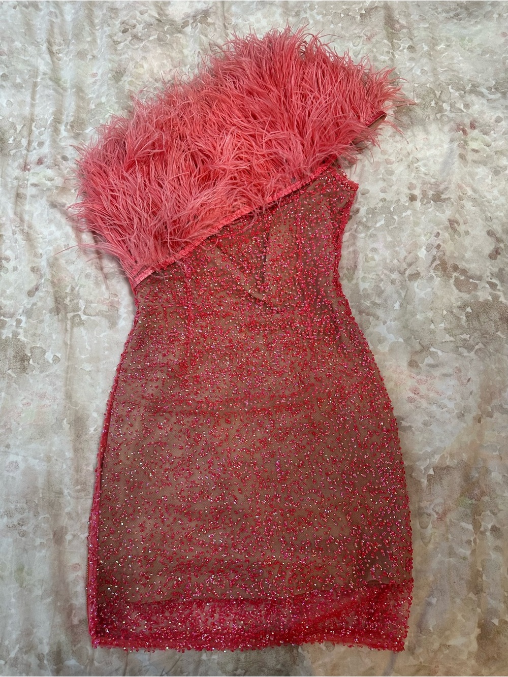 Bronx and Banco Coral Pink One-Shoulder Feather & Sequin Mini Dress